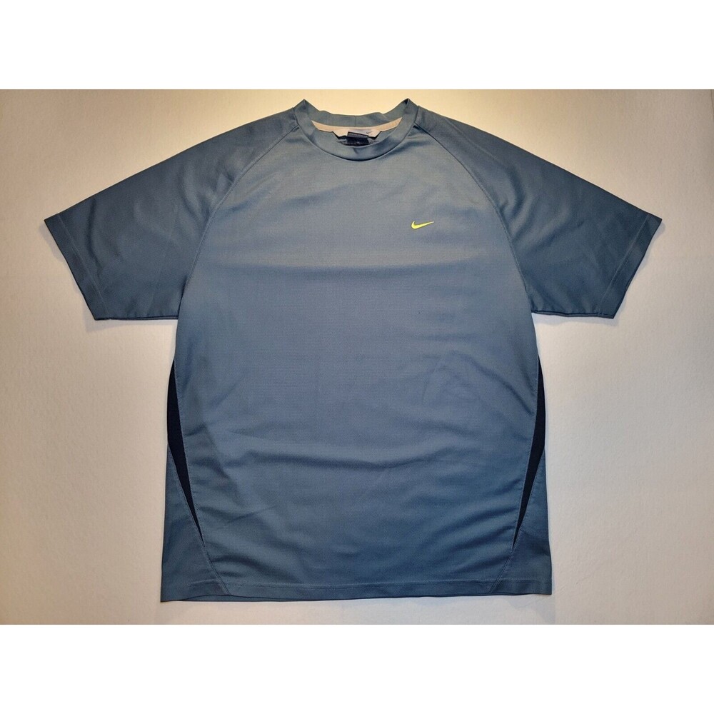Vintage Y2K Nike Blue Yellow Swoosh Casual Short Sleeve Grey Tag Crewneck Size L